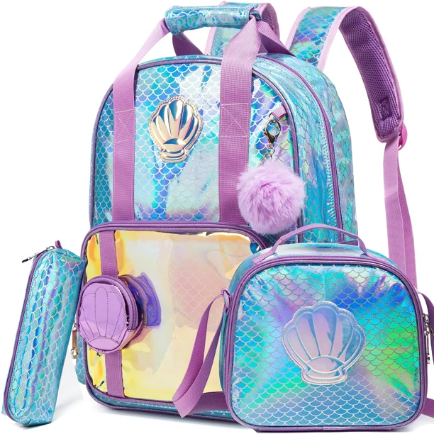 BIKAB Bookbag for Girls Backpack for Girls rainbow and star School Bag with Lunch Box Set for Kindergarten Glitter Sequin