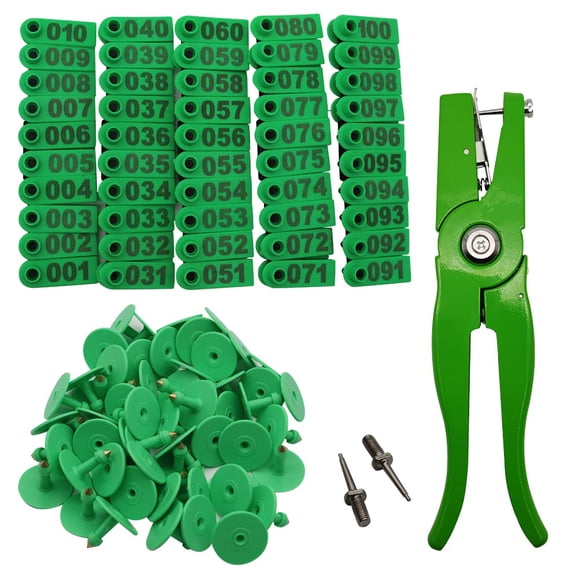 Etiqueta de orejas de oveja AplayfulBee con números 001-100 de plástico (verde)
