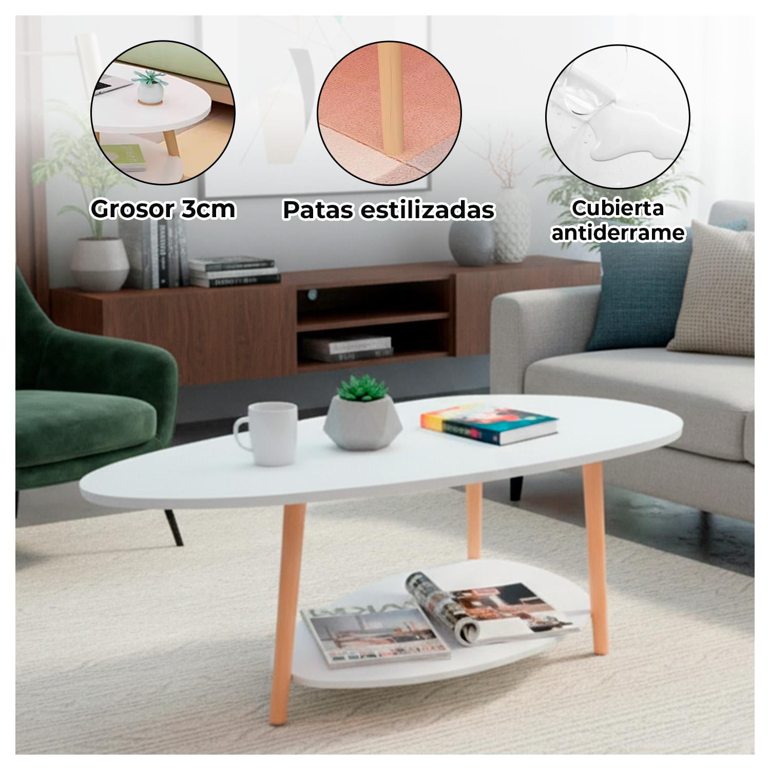 Global Latin Group - Mesa De Centro Ovalada Moderna Minimalista Con Almacenamiento Beige