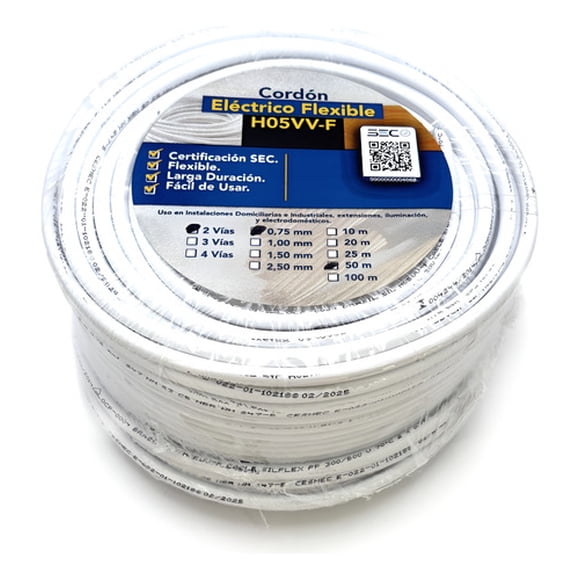 Cable Cordón Eléctrico Sil Flexible 2x0,75mm2 50m Blanco Sec