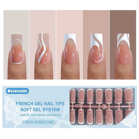Gel Dsixnails French Tip de Press on Nails, 150 unidades, cuadrado y largo