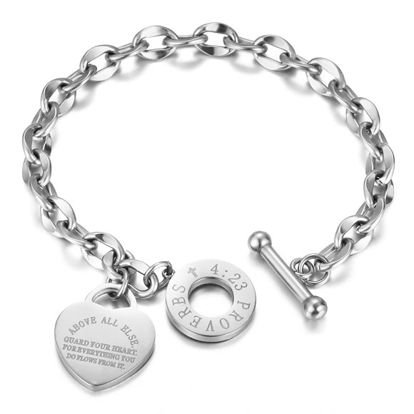 Pulsera Emibele de Acero Inoxidable con Corazón y Versículo Bíblico 20 cm