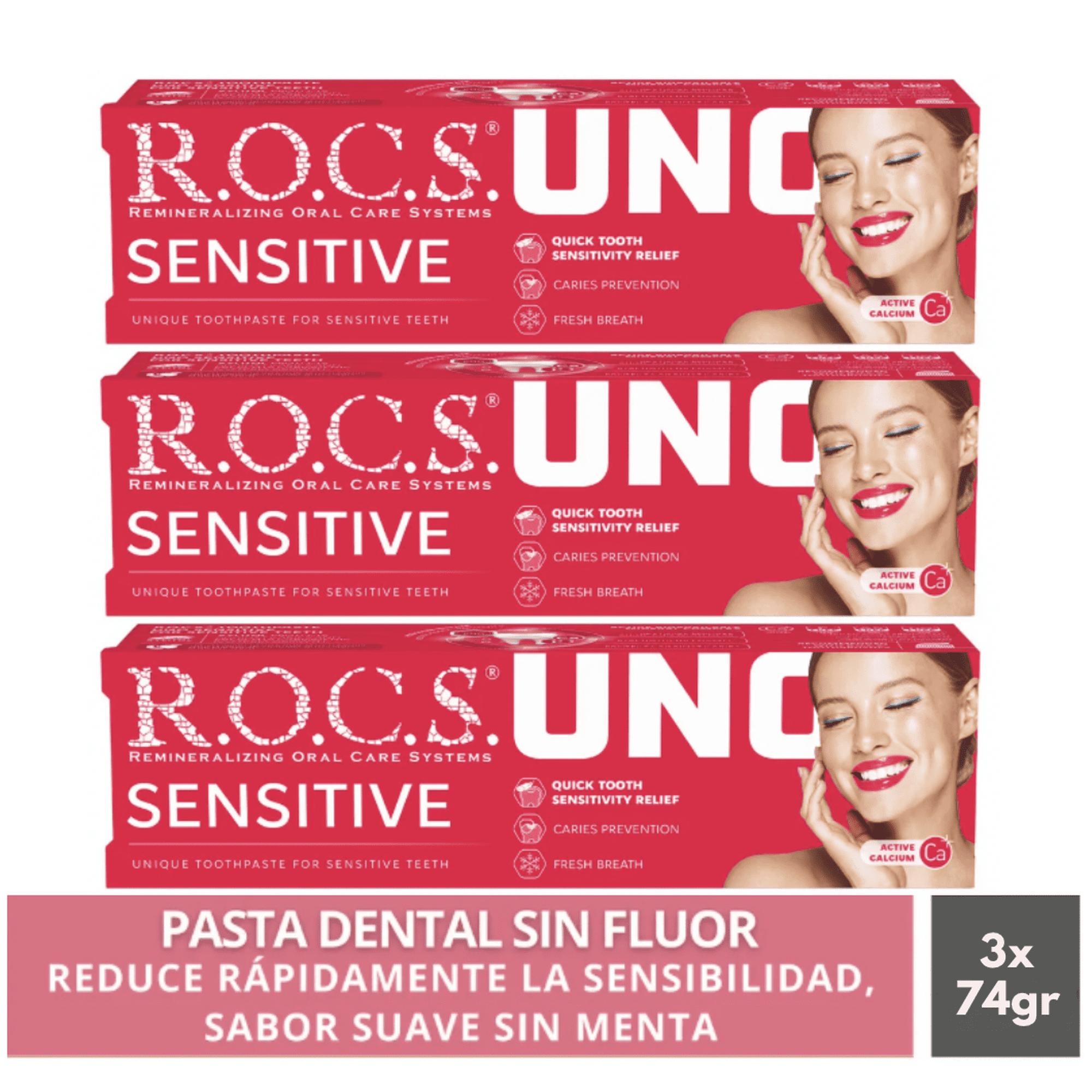 R.o.c.s. - Pack 3 Pasta Dental Sin Menta Rocs Uno Sensitive 74g Sin Fluor