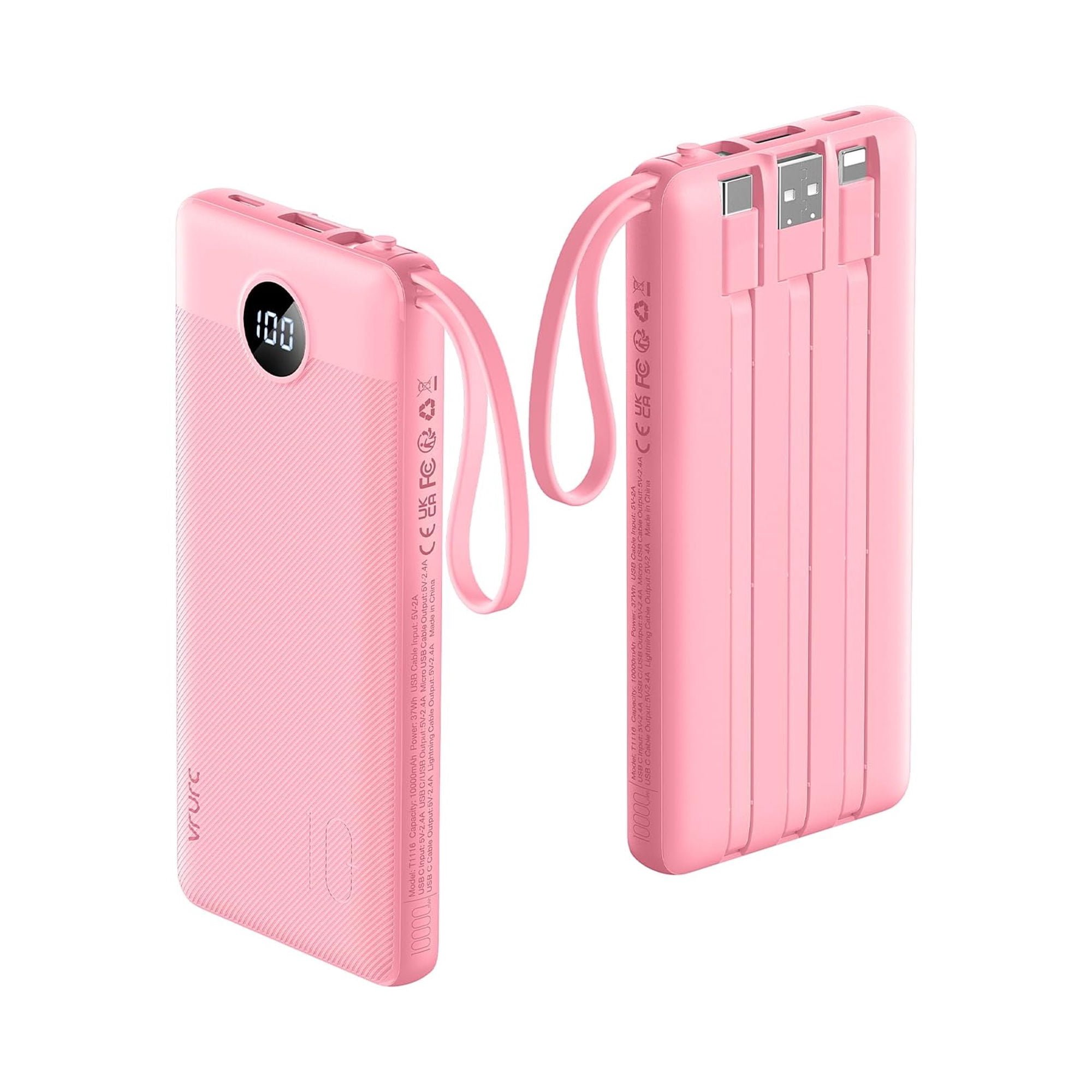 Cargador Portátil Power Bank Vrurc De 10000 Mah Con Cables Integrados