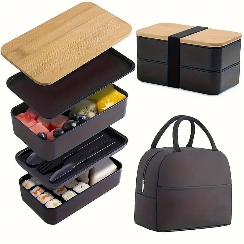 Xusx111 - Caja De Almuerzo Para Adultos Con Bolsa De Almuerzo, Contenedores Apilables De La Caja De Almuerzo Para Adultos, Caja De Almuerzo Bento Con Divisores Negro