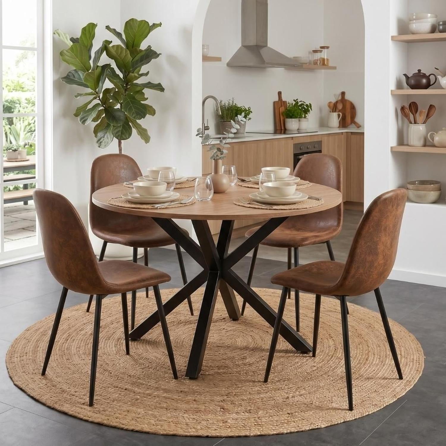 Pandalino - Comedor Mesa Redonda Equiz 100cm Madera | Base X Negro + 4 Sillas Isidora