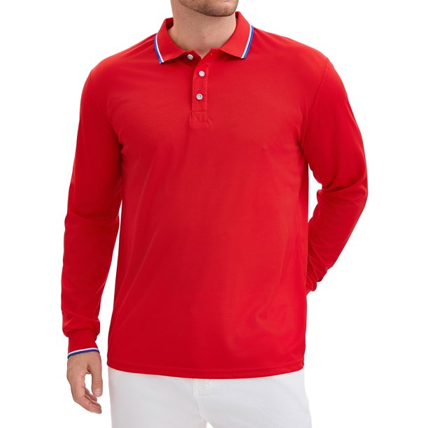 INSPIRE CHIC Camisa Polo de Hombre Clásica de Ajuste Regular de Color Sólido con Mangas Largas para Negocios y Golf M Rojo