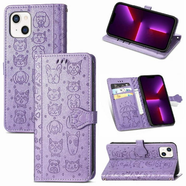 Funda Cartera FOXDOCK para iPhone 13 , Flip PU con Relieve de Gatos y Perros, Tarjetero y Soporte