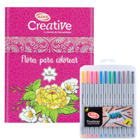 Libro Mándala Flores + 12 Lápices Fineliner Adix 0.4 Mm