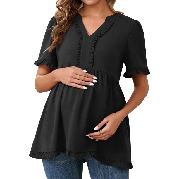 INSPIRE CHIC Blusas de Maternidad para Mujeres Boho con Volantes Cuello en V Mangas Cortas Camisas Sueltas y Fluidas Ropa Casual 2025 Negro XX-Grande