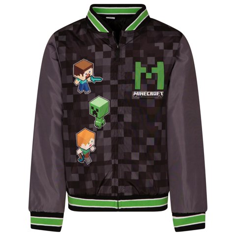 Campera Bomber Varsity Minecraft Para Niños Negra Y Gris Talle 7-8