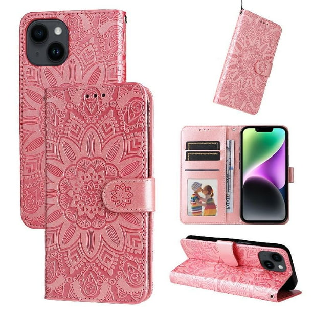 Funda tipo cartera FOXDOCK para iPhone 13 Mini , diseño girasol en relieve, cuero PU, cierre magnético, soporte y tarjetero