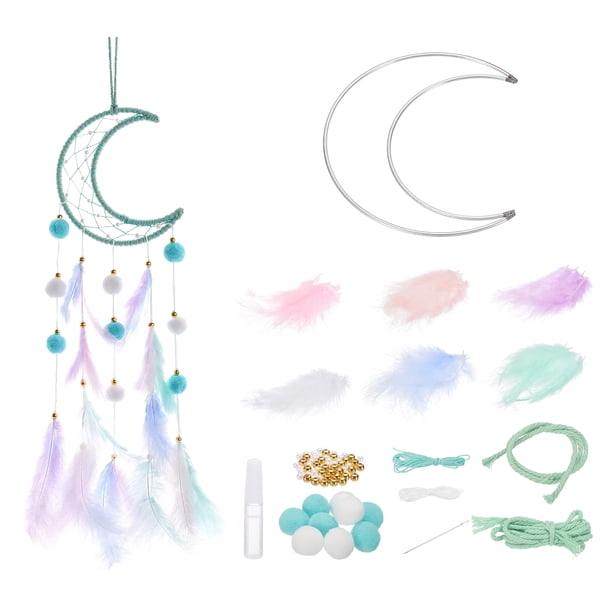 Uxcell DIY Atrapasueños, Suministros para Hacer Atrapasueños de Luna, Kit de Atrapasueños Hecho a Mano con Plumas, Pompones y Cuentas para Decoración de Pared, Verde