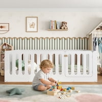 M&Ms - Twin Size Floor Bed With High Fence For Kids, Solid Wood Kids Montessori Bed With Door, Low-Profile And No Box Spring Needed Design, White.(Patent Protection)