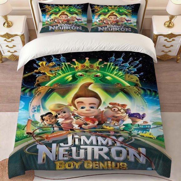 Jimmy Neutron Boy Genius Poster Themed Printed Bedding Set | Comfortable Polyester Duvet Cover and 2 Pillowcases Ideal for All Seasons
