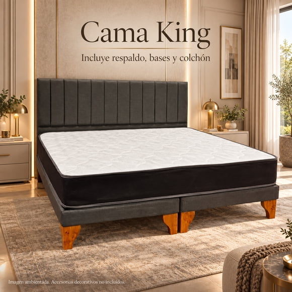 Set de cama King Gris oscuro con Colchón y Respaldo Lineal en Lino
