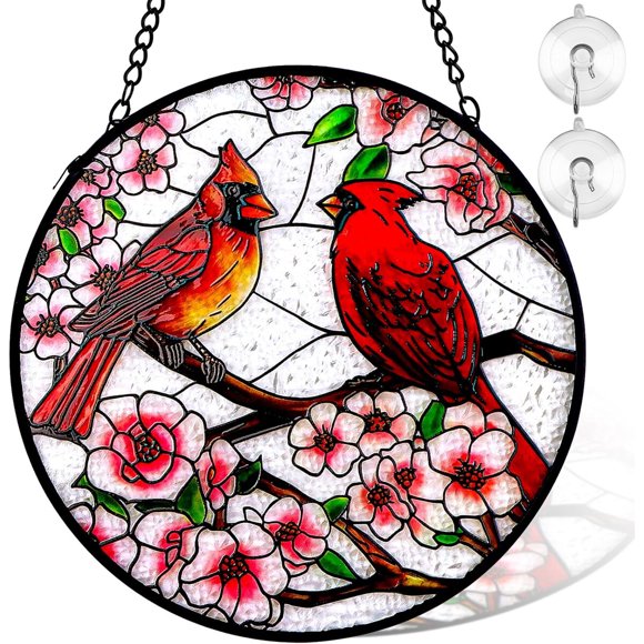 Remiawy Cardinal Stained Glass Window Hanging, 6 Inch Glass
