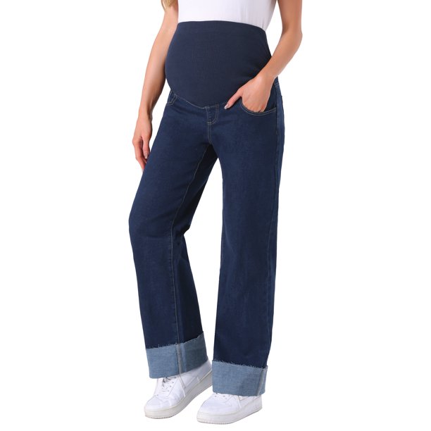 INSPIRE CHIC Pantalones de Maternidad para Mujeres Jeans Denim Pierna Recta con Puños Alta Elasticidad Sobre el Vientre Pantalones de Trabajo Casual L Negro Azul