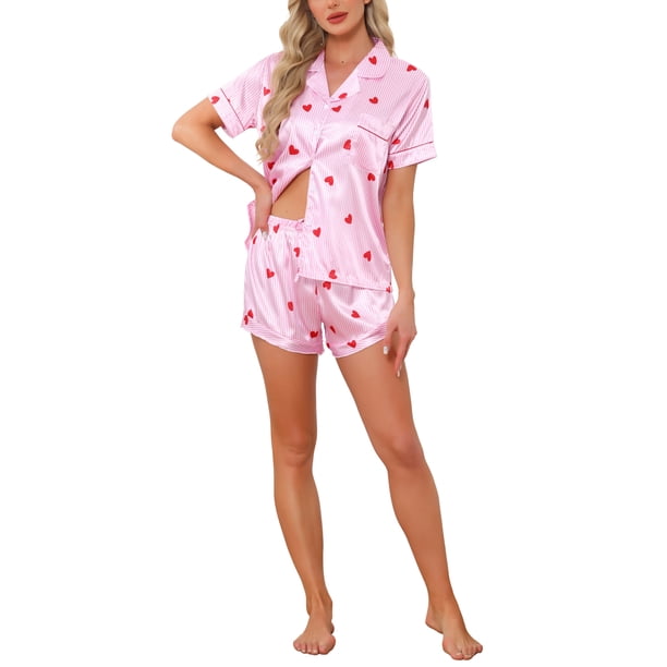 INSPIRE CHIC Pijama de Mujer con Estampado de Manga Corta, Suave, con Botones, Cuello en V, Conjunto de Pantalones Cortos para Primavera Verano, Talla Extra Grande, Rayas de Corazón