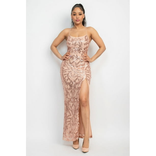 Saronite Vestido Largo Ajustado con Tirantes Cruzados en la Espalda, sin Mangas, con Abertura Lateral y Lentejuelas Tachonadas, Color Caqui (para Mujer)