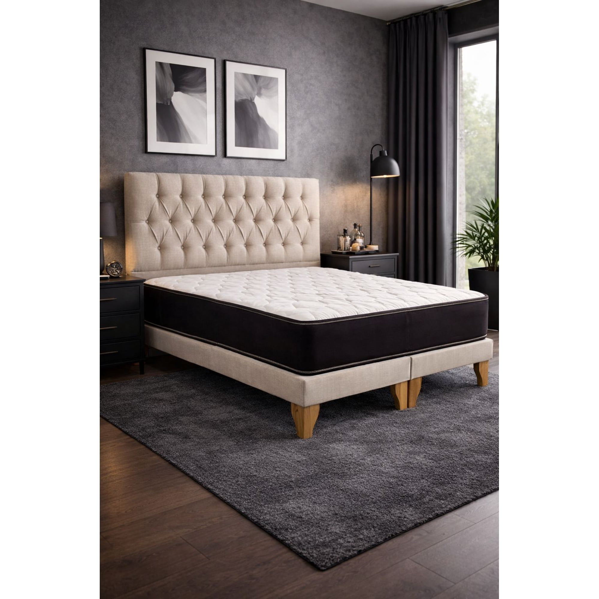 Genérico - Cama Europea 2 Plazas Base Dividida Respaldo Capitone Lino Beige Completa