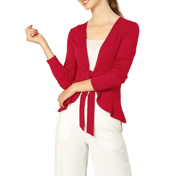 INSPIRE CHIC Cárdigan de punto abierto con lazo al frente, manga larga y dobladillo con volantes para mujer, regreso a clases, talla S, rojo