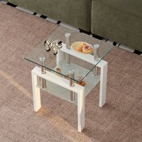M&Ms - 2 Pieces White Tempered Clear Glass End Table, 2-Layers Small Table With Storage, Living Room Side Table