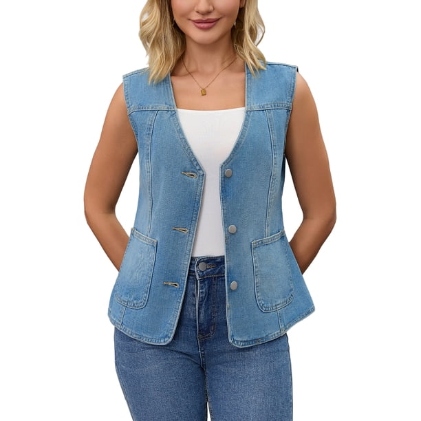 INSPIRE CHIC Chaleco de Mujer para Regreso a Clases, Chaleco de Mezclilla con Cuello en V, Bolsillos con Parche, Botones, Sin Mangas, Chaqueta de Jean L Azul