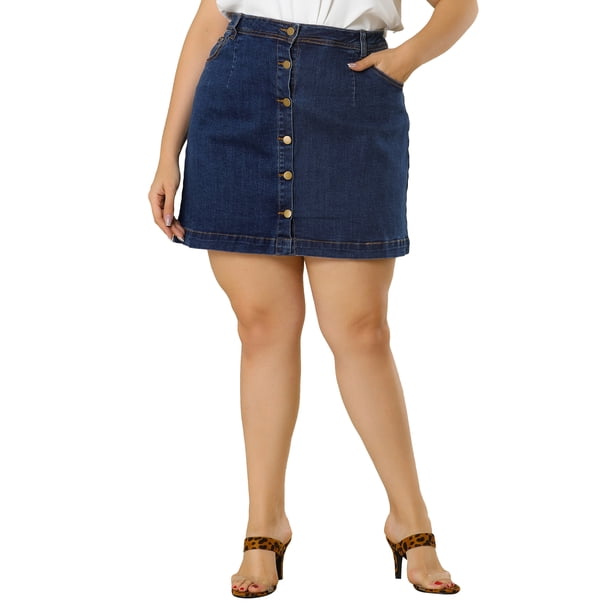 Falda de mezclilla mini con botones en línea A y bolsillo lateral para mujer de talla grande Agnes Orinda, talla 4X, azul