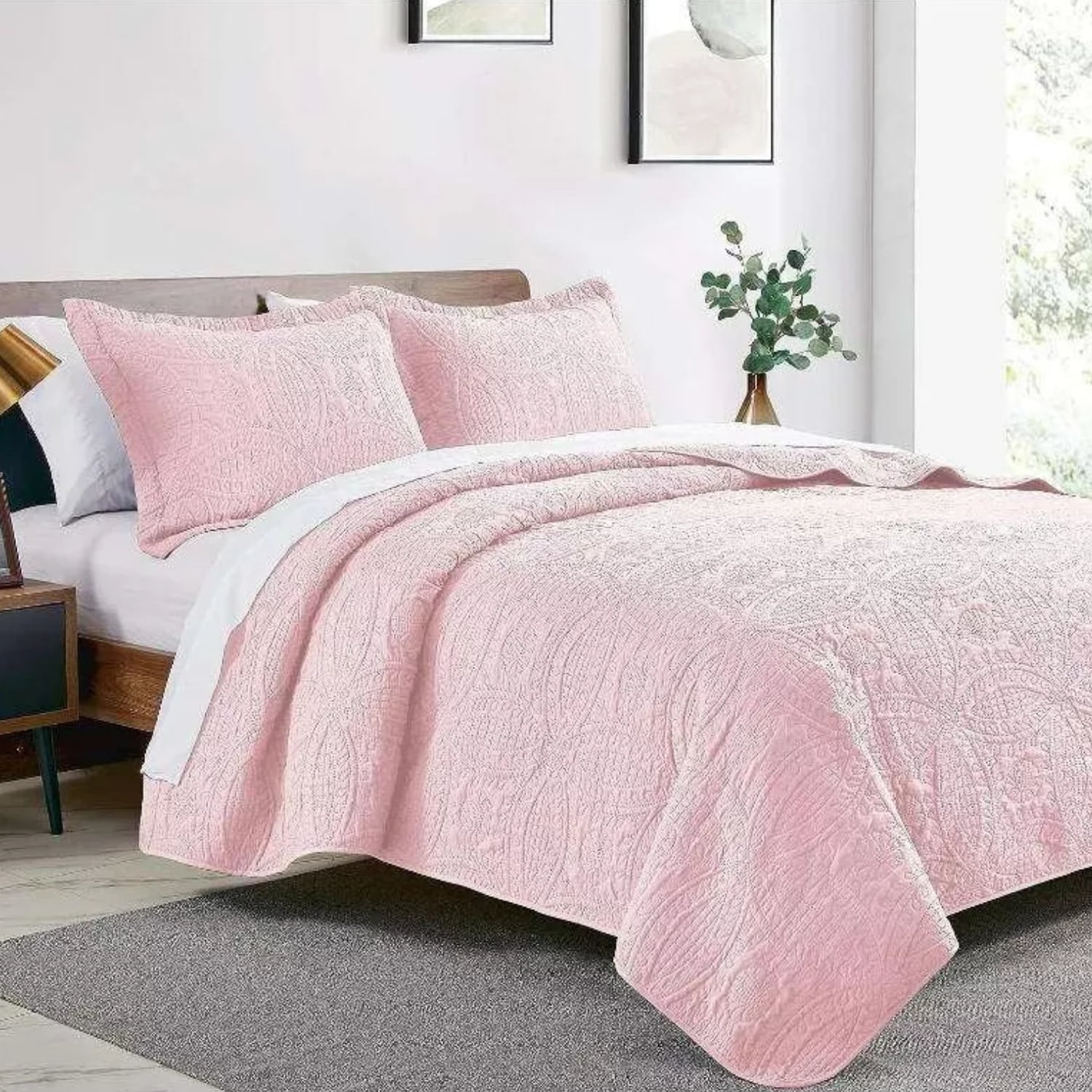 Importclick - Cubrecama Quilt Reversible Queen 228x228 Cm Más Fundas Almohada Rosa Blanco
