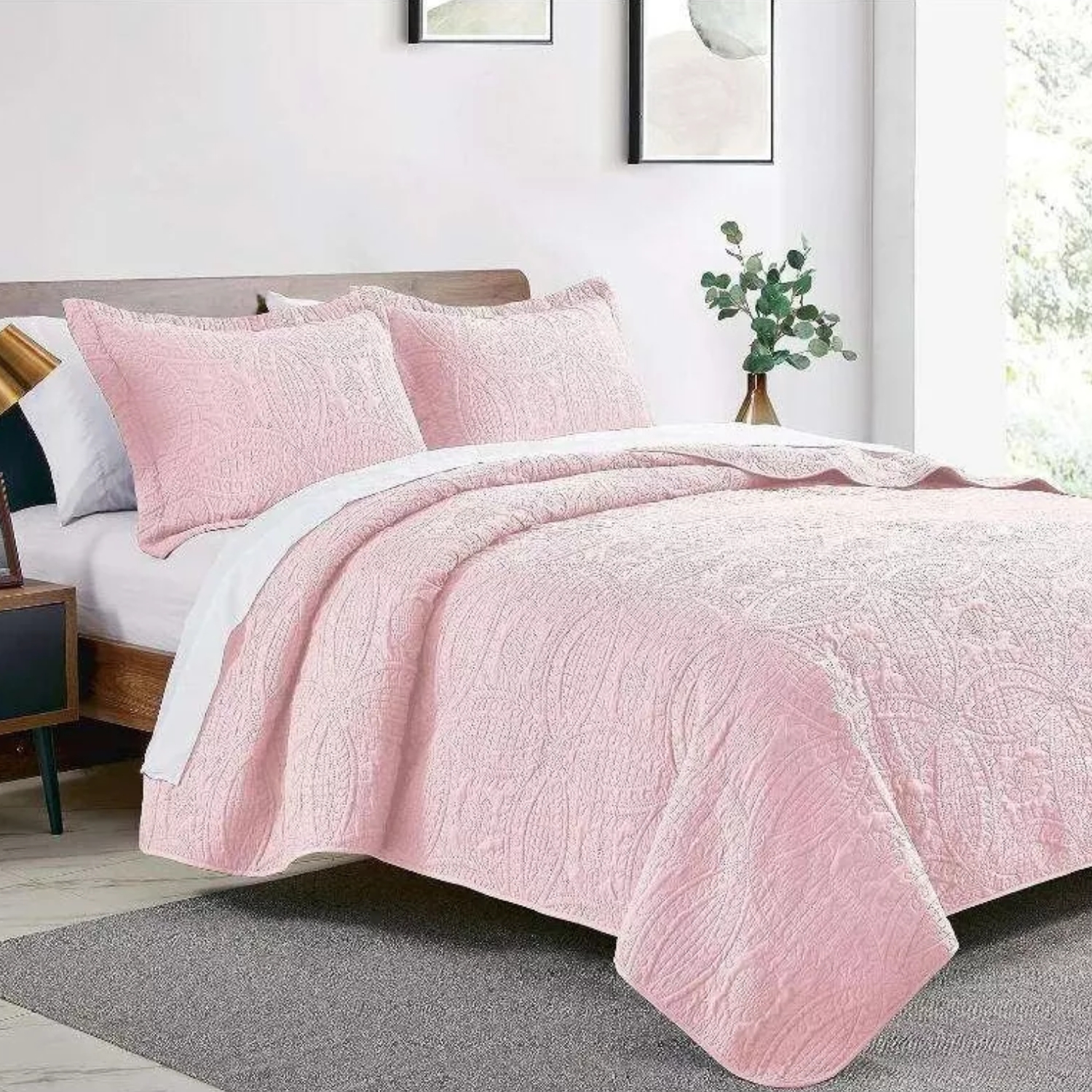 Importclick - Cubrecama Quilt Reversible Queen 228X228 Cm Más Fundas Almohada Rosa Blanco