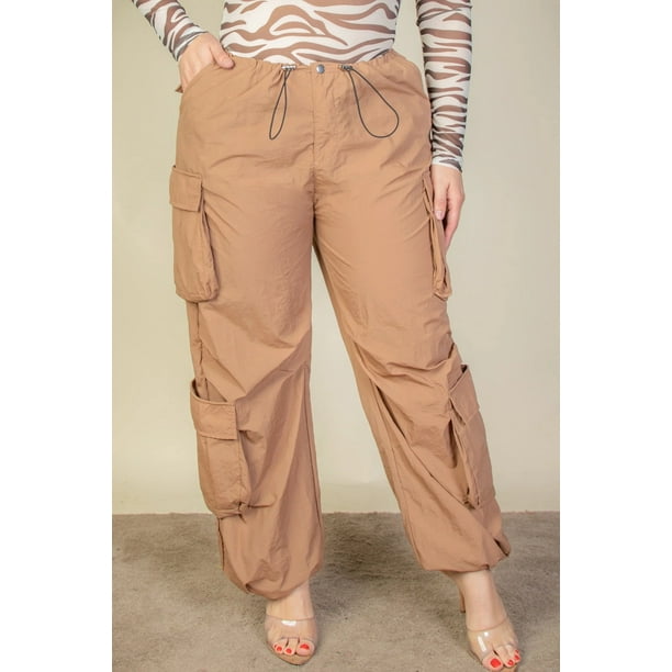 Saronite Pantalones de Paracaídas Fruncidos con Cordón, Dos Bolsillos Delanteros con Banda Elástica y Bolsillos con Solapa, Color Marrón Azúcar (para Mujer)