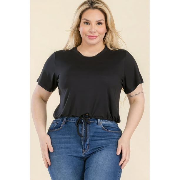 Saronite Top Corto Básico de Manga Corta con Lazo Frontal, Negro (Talla Grande para Mujer)