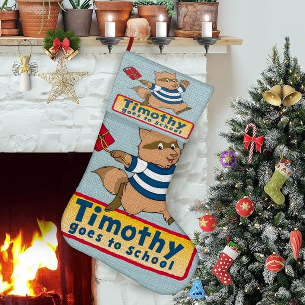 Timothy va a la Escuela Tema: Calcetines de Navidad, fino lino blanco para colgar en escaleras y chimenea, decoración navideña para el hogar, regalo de Navidad. 45cm × 32cm