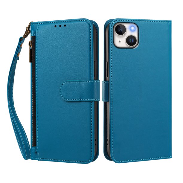 Funda Tipo Billetera para iphone14 Plus con Soporte y Bolsillo con Cierre Azul