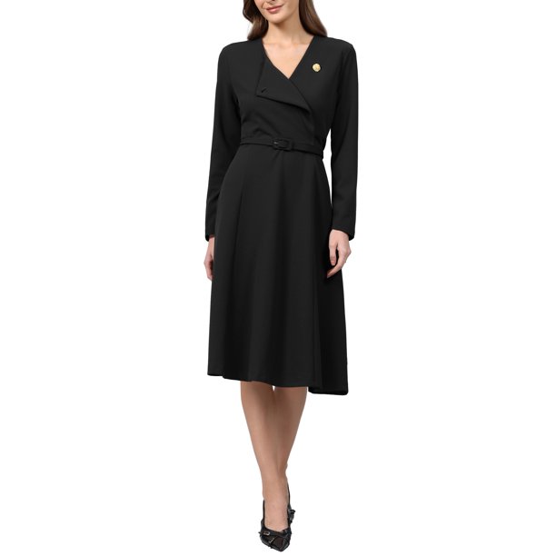 INSPIRE CHIC Vestido de Trabajo de Línea A para Mujer con Cuello en V de Manga Larga Elegante Ajustado y Acampanado con Cinturón 2XL Negro