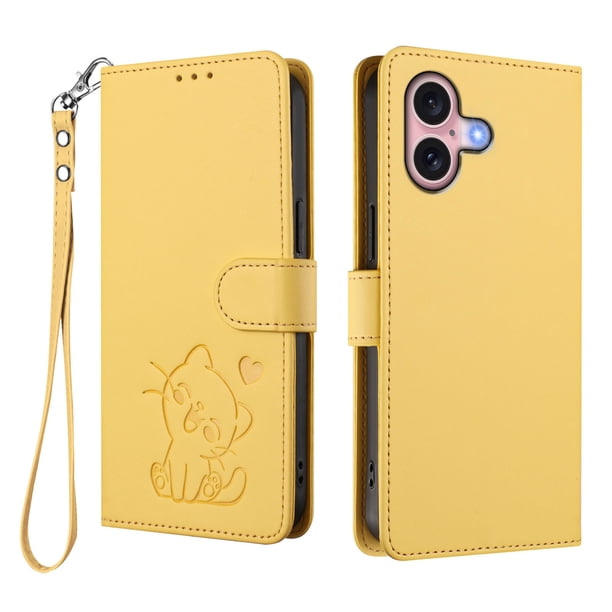 Funda Volteable con Diseño de Gato para iPhone 16, Amarillo