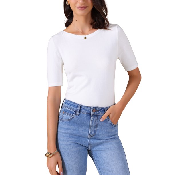 INSPIRE CHIC Camiseta de Mujer de Manga Corta Cuello Barco Ligera Elástica Básica de Punto Casual Talla XS Blanca