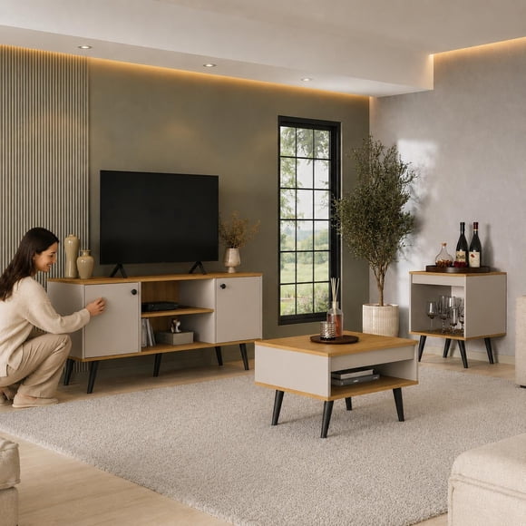 Combo Living Tokio 3 Piezas Rack TV, Mesa de Centro, Mesa Lateral Madera Arena