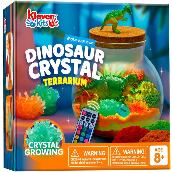Kit de manualidades Klever Kits para crear tu propio terrario de cristal de dinosaurio con luz nocturna LED para niños