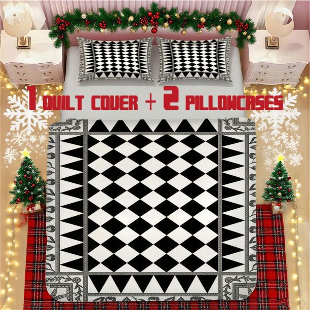 Black and White Geometric Pattern Soft Printed Bedding Set Polyester Fabric Decorative & Warm