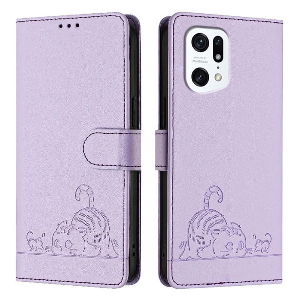 Funda tipo cartera FOXDOCK para OPPO Find X5 con soporte, ranuras, RFID, diseño de gato