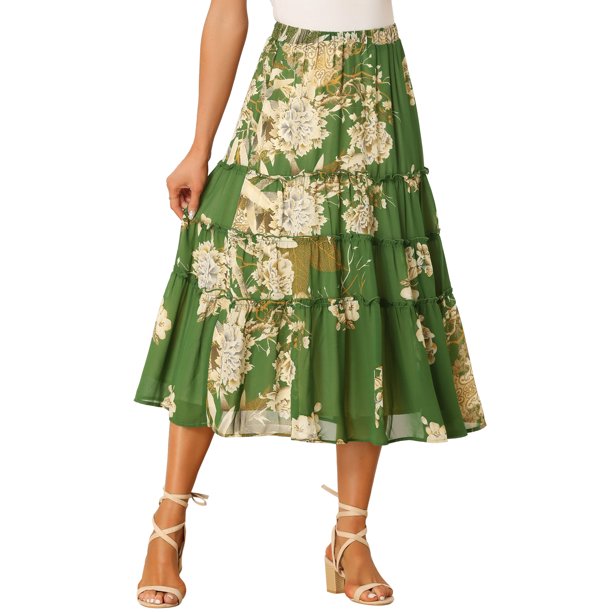 INSPIRE CHIC Falda Floral de Mujer con Volantes en Capas de Chifón Línea A Maxi Falda Verde Oscuro XL