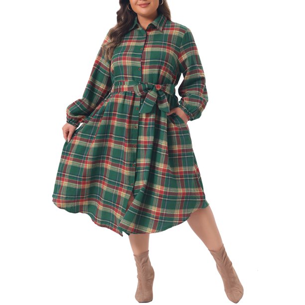 Agnes Orinda Conjuntos de Halloween para Mujeres Tallas Grandes Vestido Camisero Abotonado con Cinturón Cuadros Dobladillo Curvo Mangas Largas Vestidos Casuales de Otoño con Bolsillos L Verde