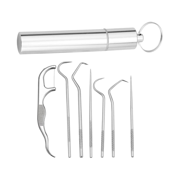 de palillos material acero inoxidable 304, de limpieza bucal portátil, limpiador de para viajes, camping, picnic con soporte , de 7 piezas. Juego de 7 piezas.