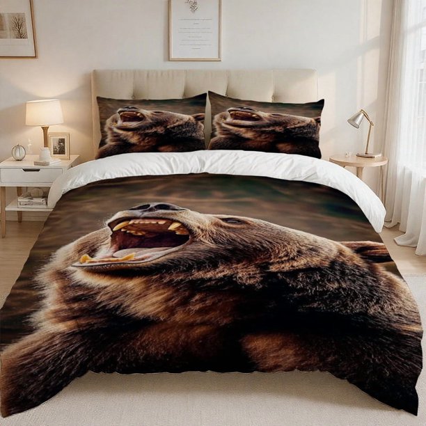 3pcs Brown Bear Grinning Print Bedding Set | 100% Polyester Soft Skin-Friendly