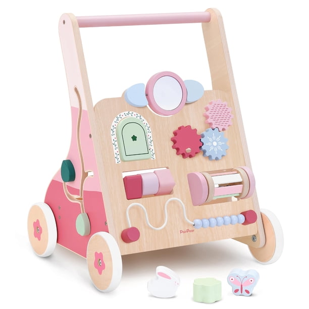 Par de paseadores de madera para bebés con forma de pera, aprendizaje, más de 12 m, rosa