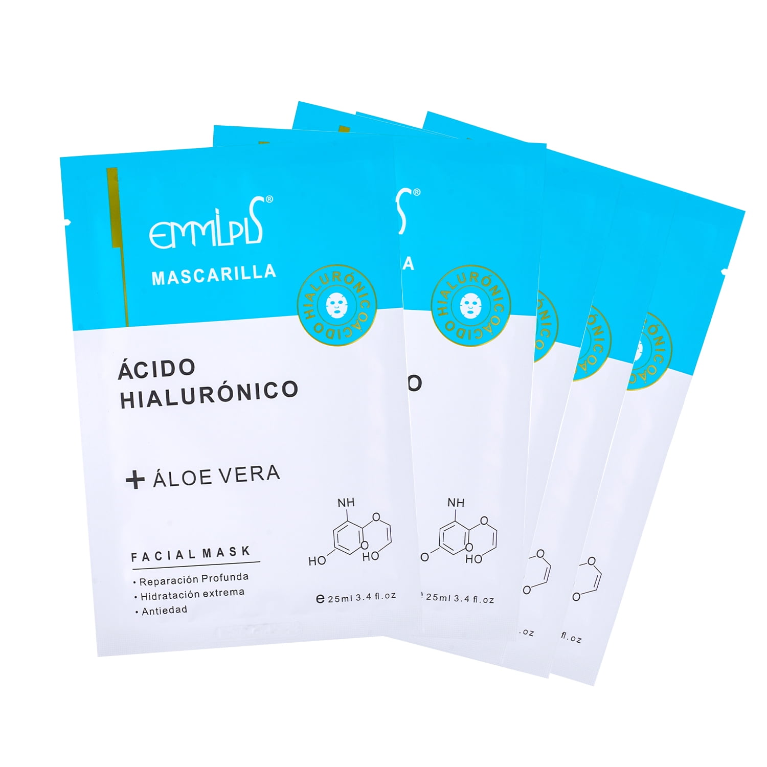 Emmlpls - 5 Mascarillas Rostro Hidratante Ácido Hialurónico Aloe Vera