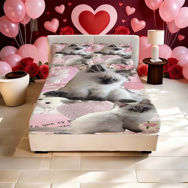 Sweet Cat Collage Print Fitted Sheet Bedding a Must-Have for Family Guest Rooms Deep Pockets for a Secure Fit The Perfect Gift for Easter Mother'S Day Father'S
