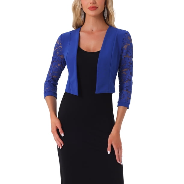 INSPIRE CHIC Top de Encaje para Mujer con Frente Abierto para Oficina de Trabajo, Manga 3/4, Bolero Corto Floral de Navidad, Talla XL, Azul Real
